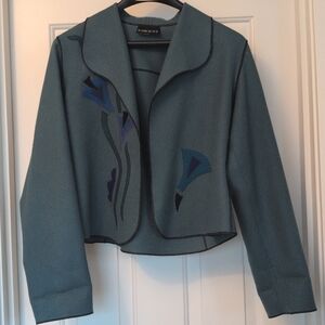 Beppa Wool Bolero Jacket Teal Green Abstract Floral Artsy Sz XS Vintage USA